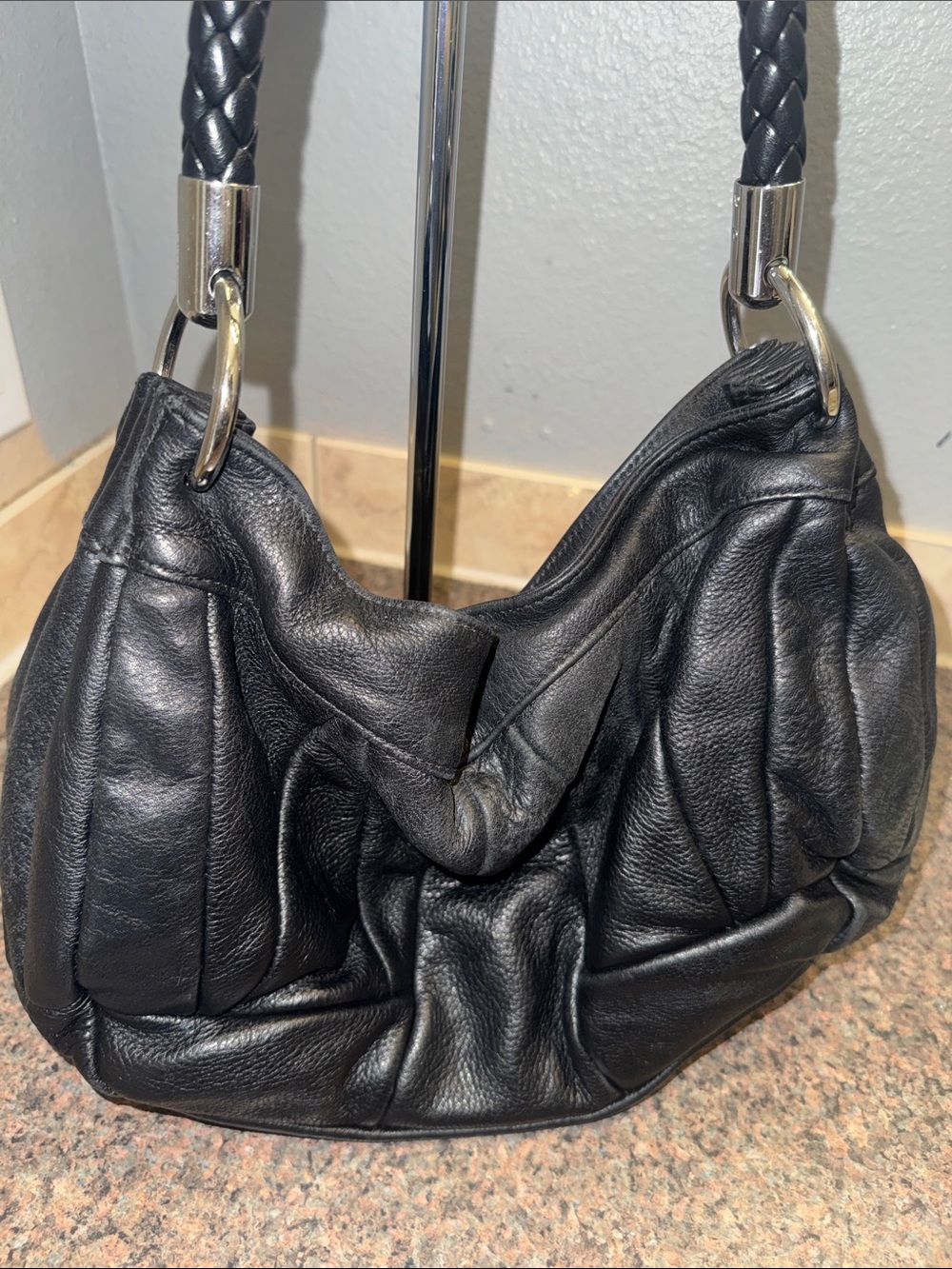 Furla Black Braided-Handle Leather Hobo Bag EUC